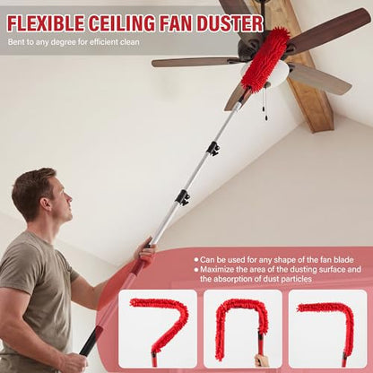 12 FT Cobweb Duster with Extension Pole, 20 FT High Reach Ceiling Fan Cleaner Duster for Home, 3.5-12 FT Extendable Pole with 3 Pcs Dusting Tools, Cubweb Brush, Feather Dusters, Ceiling Fan Duster - size: 12 FT