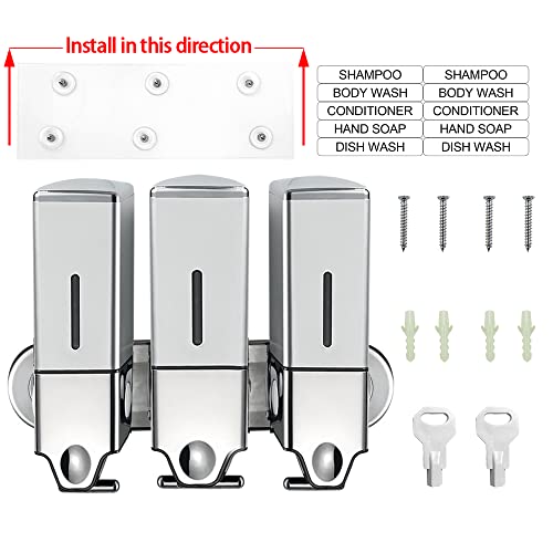 No-Drill 3 Pack 500ml Wall Mounted Soap Dispenser for Bathroom and Kitchen, Shampoo and Conditioner Dispenser Drill Free with Adhesive(Square-Silve) - color: Silver-2