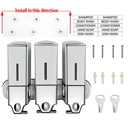 No-Drill 3 Pack 500ml Wall Mounted Soap Dispenser for Bathroom and Kitchen, Shampoo and Conditioner Dispenser Drill Free with Adhesive(Square-Silve) - color: Silver-2