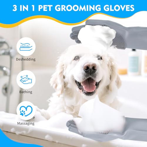 Silicone Dishwashing Gloves with Scrubber Bristles, Food-Grade Cleaning Mitts for Kitchen Dishes, Pet Grooming & Car Wash - color: Grey