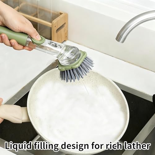 Dish Scrubber with Soap Dispenser,Non Slip Cleaner Scrubber with Handle,Dish Cleaning Brush | for Pots Stoves Pans Kitchen Home Dorm Appliances Dishwashing - color: Green