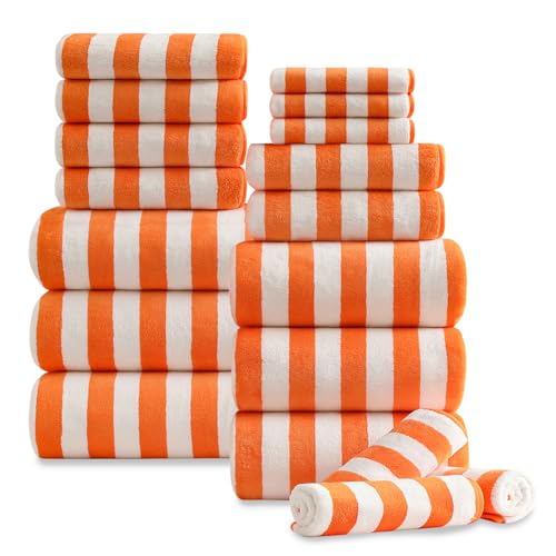 18 Pcs Orange Bath Towel Set with Hanging Loop-6 Bath Towels,6 Hand Towels,6 Washcloths Soft Family Towels Set Bathroom Towel Highly Absorbent Quick Dry Shower Towel for Beach Spa Gym Hotel - color: Orange, size: 18 Pcs Towel Set