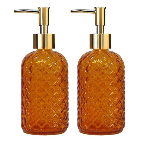 Orange Glass Soap Dispenser, 13.5oz Bathroom Hand Dispenser, Lotion Dispenser with Gold Plastic Pump for Modern Home Decor, Kitchen Countertop, Hotel(2 Pack) - color: Tangerine