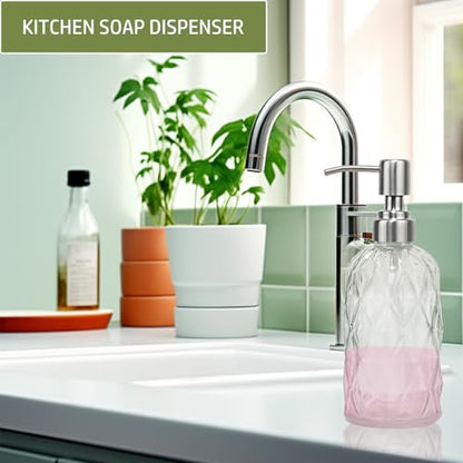 12Oz Clear Glass Soap Dispenser with Stainless Steel Pump, Diamond Design Refillable Kitchen Liquid Hand Soap Dispenser, for Dispense Hand soap, Dish Soap, Lotion, Bathroom, Countertop, Hotel - color: Clear a
