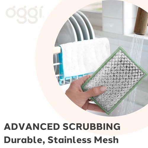 OGGI Bambou Odor-Free Scrubbing Sponges - Natural Scrub Sponges for Dishes, 91% Bamboo-Derived Rayon Cellulose Fiber, Reusable, Absorbent, Durable Scrubbers, Non-Scratch, Washable - 3 pcs, 7x4 - color: White/Sage