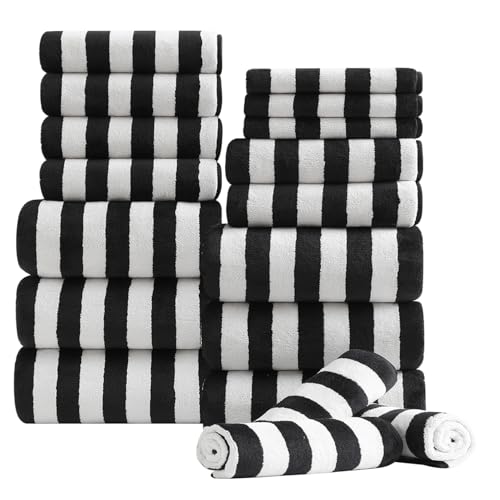 18 Pcs Black White Cabana Stripe Bath Towel Set with Hanging Loop-6 Bath Towels,6 Hand Towels,6 Washcloths Family Towels Set Bathroom Towel Highly Absorbent Quick Dry Shower Towel for Beach Spa Gym - color: Black White, size: 18 Pcs Towel Set