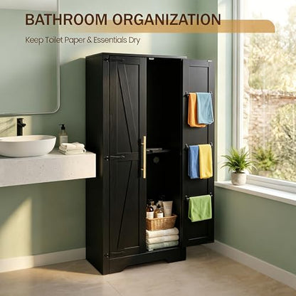 NORTHSKY Wooden Storage Cabinet, Broom Closet & Vacuum Cleaner Storage Compatible with Dyson Vacuum, Utility Cabinet for Brooms and Mops, Cleaning Tool Cabinet w/Doors for Garage, Office, Home (Black)