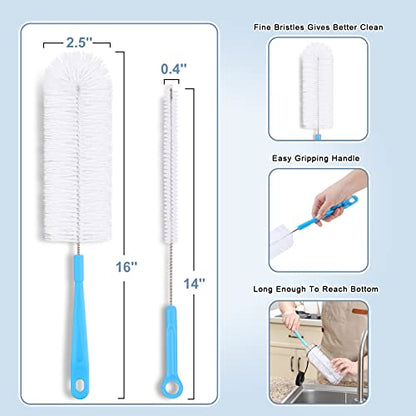 16" Bottle Brush Cleaner for Water Bottle - Long Handle Bottle Brush for Cleaning Narrow Neck Sport Bottles,Beer Bottle and Jugs, Set of 2