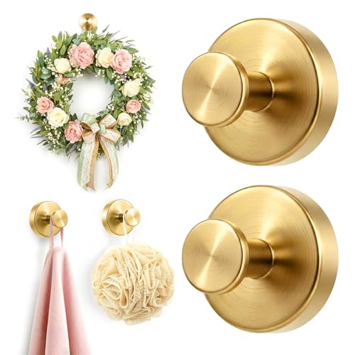 Upgraded Suction Cup Hooks for Shower, Heavy Duty Removable Towel Hooks for Bathroom Glass Door Wall, Stainless Steel Shower Hooks for Towel & Loofah (2 Pack, Gold) - color: Gold, size: 2 Pack