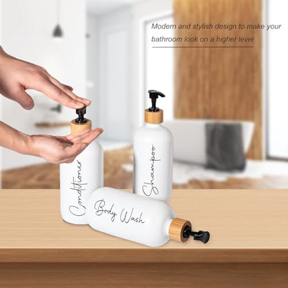 Glass Shampoo and Conditioner Pump Bottles Soap Dispenser Bamboo Pump Head Empty Glass Refillable Shampoo Conditioner Body Wash Soap Bottles for Bathroom, 17 oz, 3 Pack, White - color: White, size: Shampoo + Conditioner
