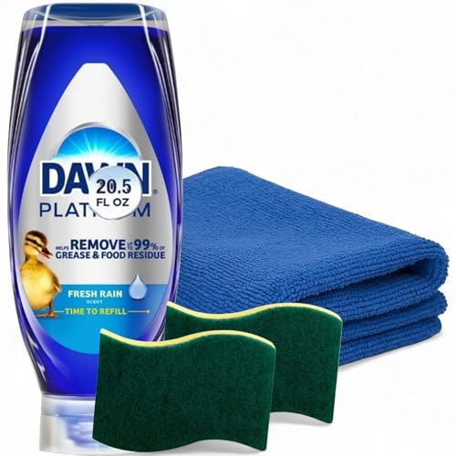 MOOCHI Kitchen Cleaning Kit – Dawn- Dish Soap 20.5 oz, Non-Scratch Scrub Sponges x2 & Heavy Duty Microfiber Towel – Custom Bundled