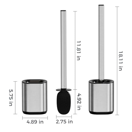 Sineng Silicone Toilet Brush and Holder Set, Stainless Steel Toilet Cleaning Brush, One-Piece Long Handle, Flexible Compact Modern RV Toilet Bowl Brush for Bathroom - color: Stainless Steel