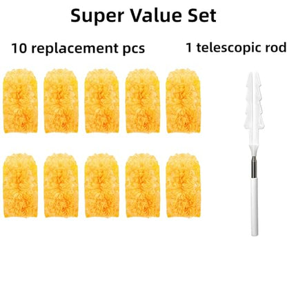 Heavy Duty Duster Refills, Disposable Dusters Kit for Cleaning Dusting Furniture Blind Ceiling Fan, Multi Surface 360 Feather Duster(10)+3FT Extended Handle（1） (Orange) - color: Orange