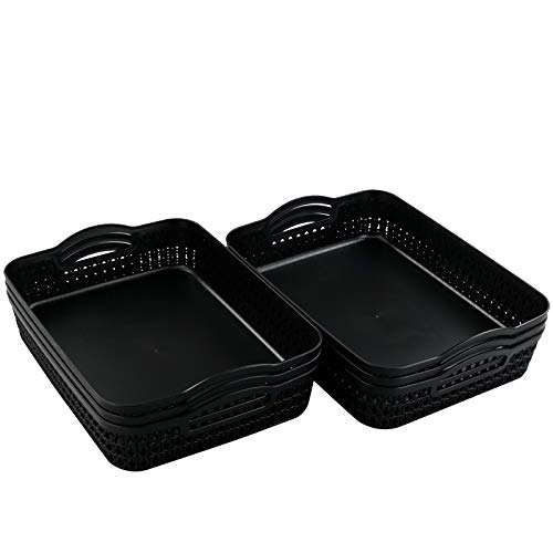 Large Plastic Storage Basket Tray with Handle, Black, Pack of 6 - size: large