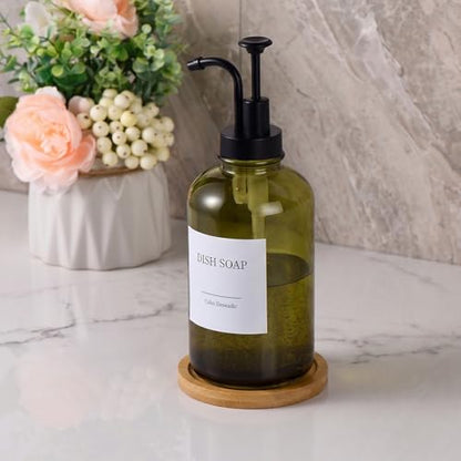Glass Soap Dispenser with Upgrade Pump, Hand and Dish Soap Dispenser for Bathroom Kitchen, Soap Dispenser Set with 9 Stickers Funnel Bamboo Tray 500ml 18oz Green - color: Olive Green