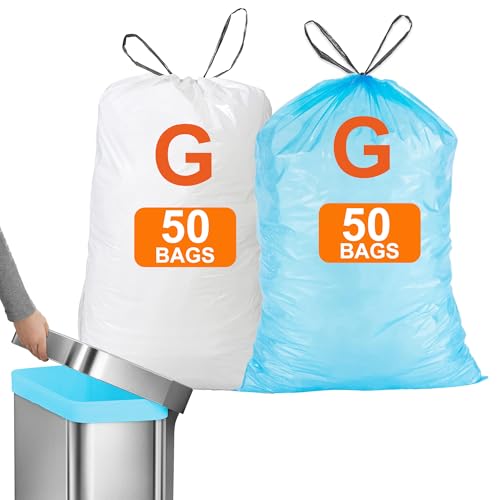Perfect Fits Code G 100 Count Compatible with simpIehuman Code G 8-9 Gallon 1.2 Mil THICK Heavy Duty with Reinforced Drawstring Leak-Proof Tear Resistant White 50 & Blue 50 Total 100 Count GRAND SAVE! - color: for Code G100 White & Blue, size: 1 Count (Pa