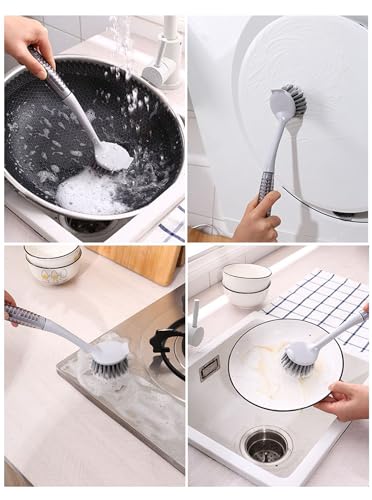 Scrub Brush for Cleaning Dish 2pcs, Round/Triangular Head, Stiff Bristles Long Handle Kitchen Scrubber with Scraper for Sink, Pan, Pot, Dishwashing, Vegetable (2)