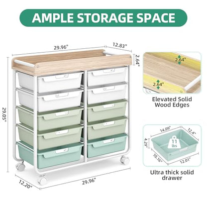 10 Drawers Rolling Cart with Wooden Tabletop, Utility Storage Cart with Wheels, Art Supply Craft Organizer on Wheel with Metal Frame & Handles for Home Office School,Green - color: Green