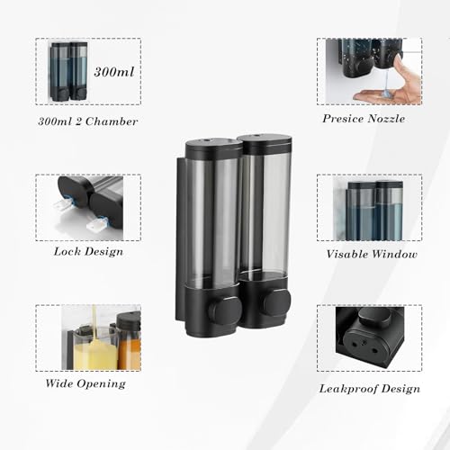 2-Chamber Black Wall Mounted Soap Dispensers, 10oz/300ML Refillable Shampoo Conditioner Shower Dispenser No Drill, Clear Plastic Manual Pump Dispenser for Bathroom Hotel Kitchen - color: 2-chamber Black