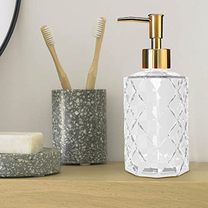 Clear Glass Soap Dispenser with Gold Plastic Pump, 2 Pack 12oz Diamond Hand Soap Dispenser, Refillable Lotion Dispenser & Dish Bathroom Dispenser for Liquid, Shower Gel - color: Crystal Clear