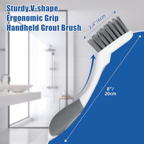 Qaestfy Grout Brush with Long Handle for Cleaning, Stiff Bristles Handheld Tile Scrub Brush, V-Shape Crevice Cleaning Brush for Floor Deep Cleaning