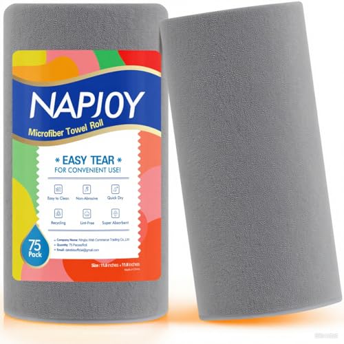 Napjoy Microfiber Cleaning Cloth Roll, 75PK Easy Tear Away Reusable Paper Towels, 12" x 12", Lint-Free and Scratch-Free with Patented Fiber Technology Microfiber Towel Roll, Grey - color: Gray