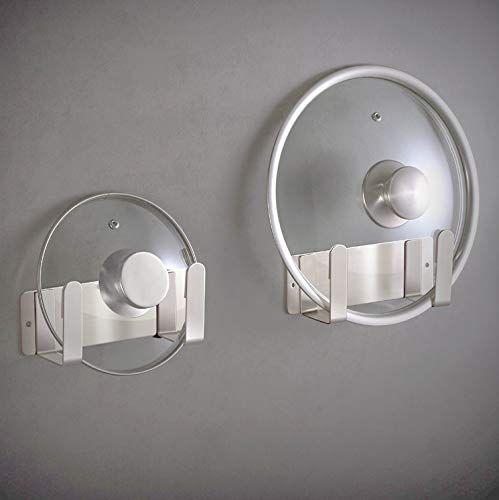 Pot Lid Rack, Wall Mounted 304 Stainless Steel Pan Lid Organizer Holder, 3M Self Adhesive, Kitchen Cooking Utensil Tool (Silver, Set of 2) - color: Silver(Set of 2)