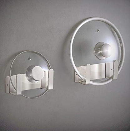 Pot Lid Rack, Wall Mounted 304 Stainless Steel Pan Lid Organizer Holder, 3M Self Adhesive, Kitchen Cooking Utensil Tool (Silver, Set of 2) - color: Silver(Set of 2)