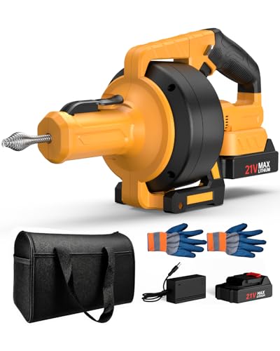 Ublue 21V Cordless Electric Drain Auger, 25Ft Auto Feed Drain Snake for Clog Remover with 2.0Ah Battery, Plumbing Snake for Sink Toilet Bathroom Shower Pipes 3/4"-2.95", Included Bag Gloves Rag - color: Orange