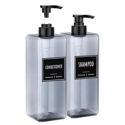 Segbeauty 33.8oz Shampoo and Conditioner Dispenser with Labels, 2pcs Refillable Plastic Empty Lotion Soap Dispenser Liquid Container for Bathroom, 1000ml Gray Large Pump Bottle, Sqaure Lotion Bottles - color: Gray, style: 2pcs
