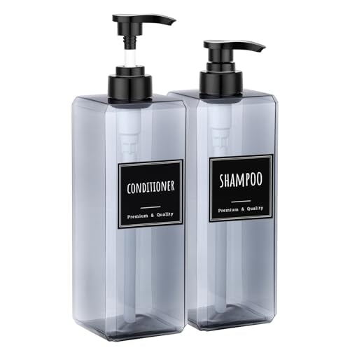 Segbeauty 33.8oz Shampoo and Conditioner Dispenser with Labels, 2pcs Refillable Plastic Empty Lotion Soap Dispenser Liquid Container for Bathroom, 1000ml Gray Large Pump Bottle, Sqaure Lotion Bottles - color: Gray, style: 2pcs