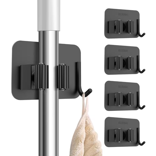 nacena 4 Pack No Drill Self Adhesive Broom Mop Holder Wall Mount with Hooks, Heavy Duty Stainless Steel Organizer for Kitchen Bathroom Garage Storage, Black - color: Matte Black-4 Packs