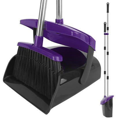 Broom and Dustpan Set, 51" Long Handle Broom with Dustpan Combo Set, Windproof and Self-Cleaning Teeth, Purple Household Dust Pan Set Sweep Kitchen Office Lobby Pet Room - color: Purple