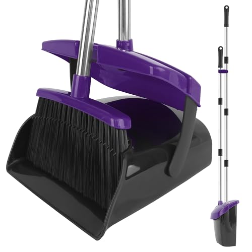 Broom and Dustpan Set, 51" Long Handle Broom with Dustpan Combo Set, Windproof and Self-Cleaning Teeth, Purple Household Dust Pan Set Sweep Kitchen Office Lobby Pet Room - color: Purple