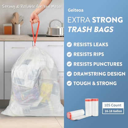 16 Gallon Trash Bags with Drawstring, Clear plastic bags, 105 Count | Tear Free, Fit 16-18 gal, Large Strong Trash Can Liners, Heavy Duty Compactor Bags, For Home Kitchen Office Lawn Commercial - style: 16-18 Gallon (105 Count, Clear)