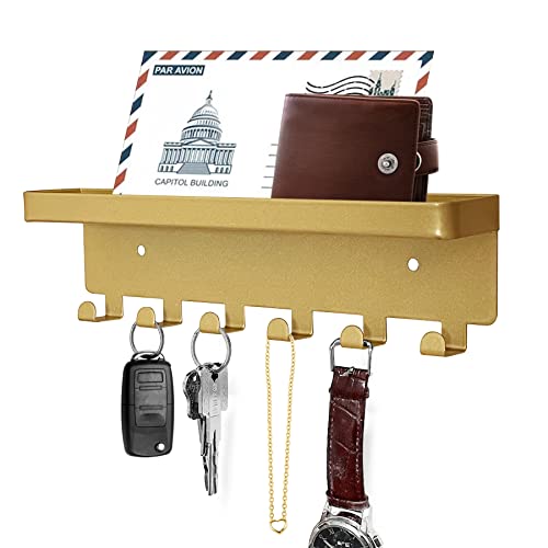 GTK Key Holder for Wall, Key Hooks with Tray and 6 Hooks, Wall Mounted Key Holder for Hallway, Key Rack with Shelf for Mail Storage (Gold) - color: Gold with Tray, size: 6 Hooks