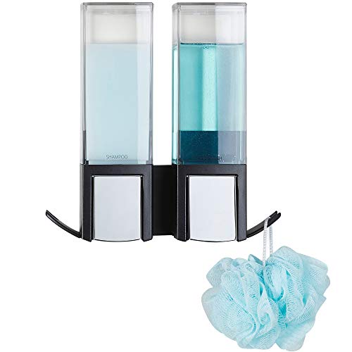 Better Living Clever Double Shower Dispenser 2 Chamber, Wall Mount Shower Soap Dispenser for Bathroom Hotel Body Wash, Storage Hooks, No Drill, Waterproof Shampoo Soap Dispenser, 2 x 17 oz, Black - color: Black/Chrome, style: Double Dispenser