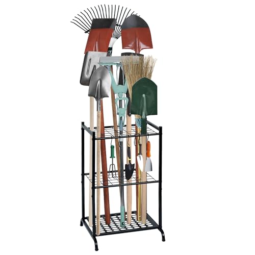 RANXFLOAT Garden Tool Organizer with Storage Hooks, Yard Tool Tower Rack for Garage Organization and Storage, Up to 35 Long-Handled Tools, Metal Tool Holder with 6 Hooks, Black - color: A Style