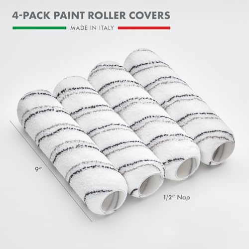 4 - Pack 9 Inches Paint Roller Covers for Smooth and Lint-Free Finish – Nap 1/2 - Made in Italy -Premium High-Density Microfiber Roller Covers - Ideal for Professionals and Homeowners - size: 4 Pack 9"- 1/2 Nap ( Roller Covers )