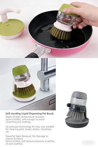 Soap Dispensing Dish Brush with Holder and Drip Tray, Kitchen Scrub Brush for Pans and Sinks, Refillable Dish Detergent Dispenser for Easy Cleaning (Green) - color: Green