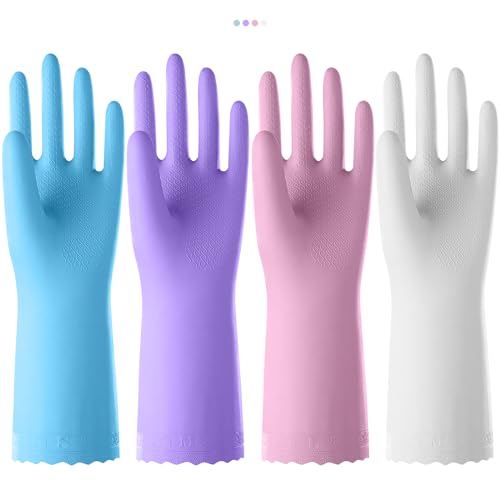 KAQ Rubber Kitchen Dishwashing Gloves: 4 Pairs Reusable Household Cleaning Glove for Washing Dishes with Cotton Liner - color: 4 Color(flocked Lining), size: Medium