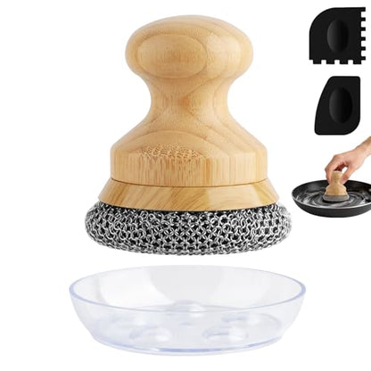 Cast Iron Scrubber and Scraper,Chain Mail Cleaner with Bamboo Handle & Draining Tray,316 Stainless Steel Brush for Cleaning Pots,Pans,Wok,Bakeware,Griddles, Grills,Dishes (Small Chain Mail) - size: Small chain ring