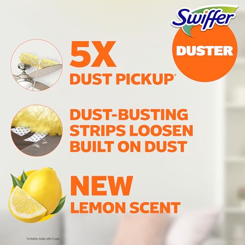 Swiffer Duster Kit with 6 ft Super Extendable Handle, Heavy Duty Starter Kit with 8 Refills, Lemon Scent