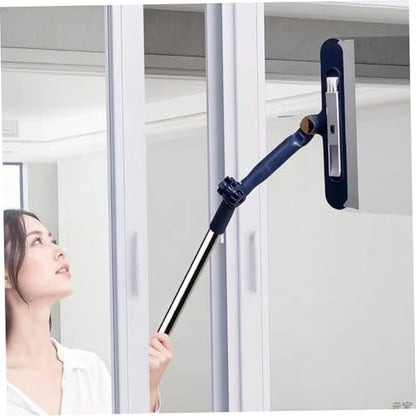 Window Squeegee with Extension Pole, Adjustable Telescopic Window Cleaner Tool with 180° Rotating Head Scrubber and Squeegee for Indoor Outdoor