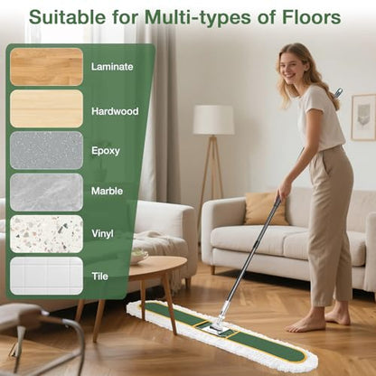 48" Commercial Dust Mop for Floor Cleaning with 2 Cotton Mop Pads | Heavy Duty Wet Dry Broom with 65" Metal Handle for Commercial Industrail Office Garage Warehouse Factory Mall/Green