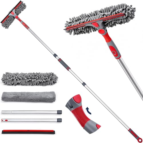 DSV Standard 2-in-1 Window Cleaning Squeegee Kit with 60’’ Extension Pole, Rotatable Bendable Head, Microfiber & Chenille Pads, Window Cleaner Tool for Indoor/Outdoor, High Windows, Shower and Car