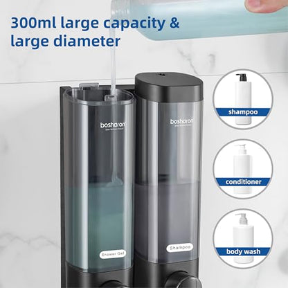 2 in 1 Shower Soap Dispenser, 2×300 ml Chamber Shampoo and Conditioner Dispenser Shampoo Dispenser for Shower Wall Mounted Shower Pump Soap Dispenser for Bathroom Kitchen (2 Chamber+Black) - color: 2 Chamber+black