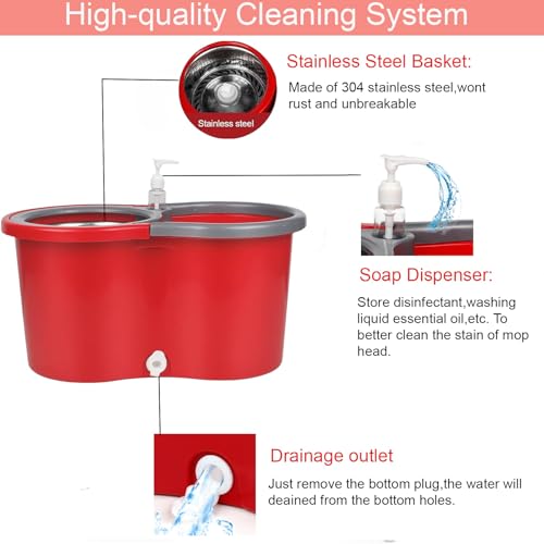 Spin Mop and Bucket with Wringer Set, 360° Spinning Mop Bucket System with 3 Microfiber Mop Replacement Heads Refills,56" Stainless Steel Extended Handle for Floor Cleaning Home(20QT) (Green) (Red) - color: Red