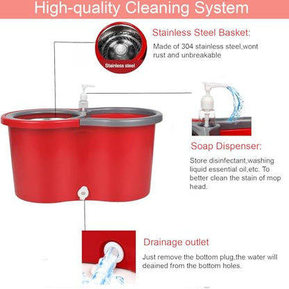 Spin Mop and Bucket with Wringer Set, 360° Spinning Mop Bucket System with 3 Microfiber Mop Replacement Heads Refills,56" Stainless Steel Extended Handle for Floor Cleaning Home(20QT) (Green) (Red) - color: Red