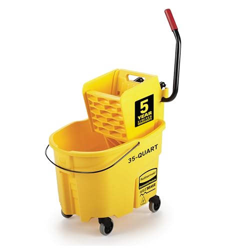 Rubbermaid Commercial Products WaveBrake 35 Qt. Side-Press Mop Bucket and Wringer Combo on Wheels Yellow for Professional/Industrial/Business Heavy-Duty Floor Cleaning/Mopping - size: 35 Qt